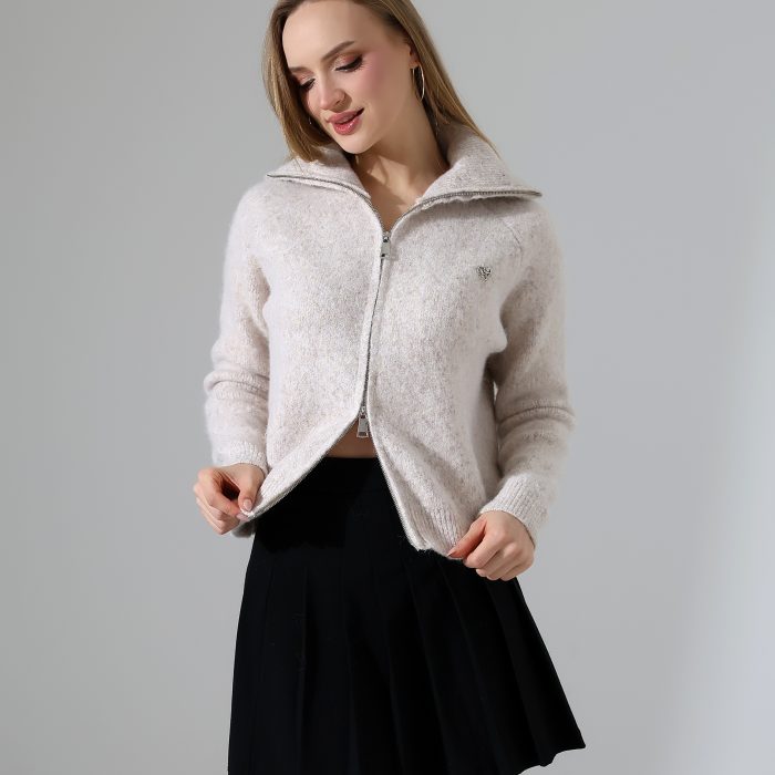 Moxsira Ekru Fermuarlı Triko Ceket