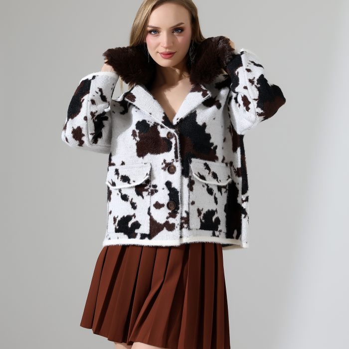 Moxsira Kürk Yakalı Desenli Triko Ceket