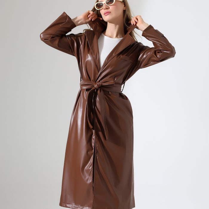 Kemerli Deri Görünümlü Kahverengi Uzun Trençkot