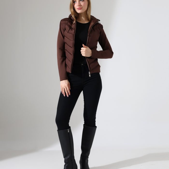 Kapüşonlu Şişme Detaylı Kahverengi Kadın Mont