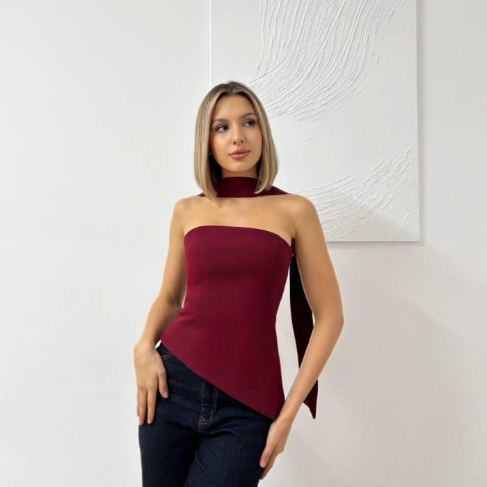 Burgundy Aura Asimetrik Yaka Straplez Bluz