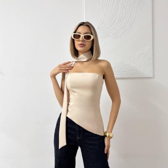 Champagne Lace-Up Asimetrik Straplez Bluz