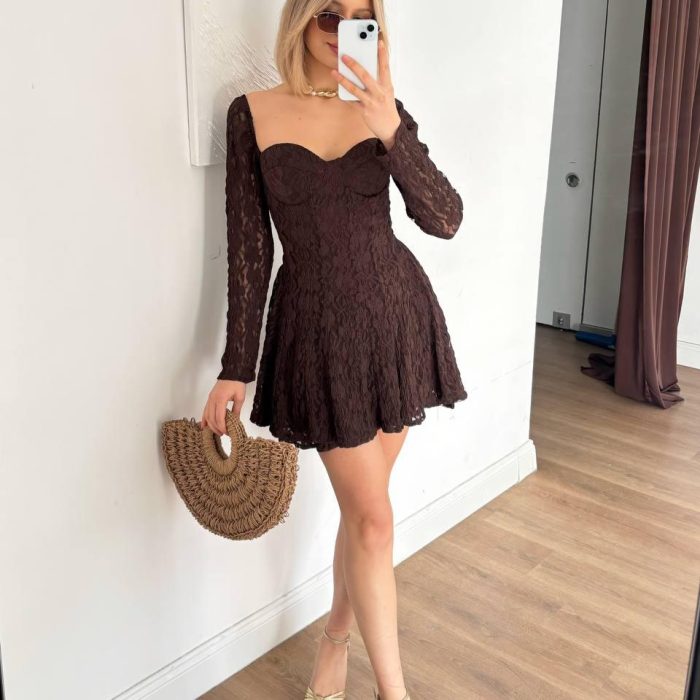 Mocha Kahve Dantel Mini Elbise